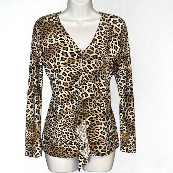 Clara Sunwoo Ruffle Front V Neck Blouse Small Long Sleeve Brown Animal Print Top - Picture 1 of 7